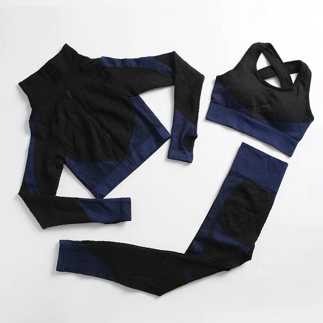 Yoga Set Workout Gym Clothing Fitness For Women's Tracksuit Outfit Leggings Sport Bras Top Long Sleeve Women Sportswear Suit 3 Pcs set black blue