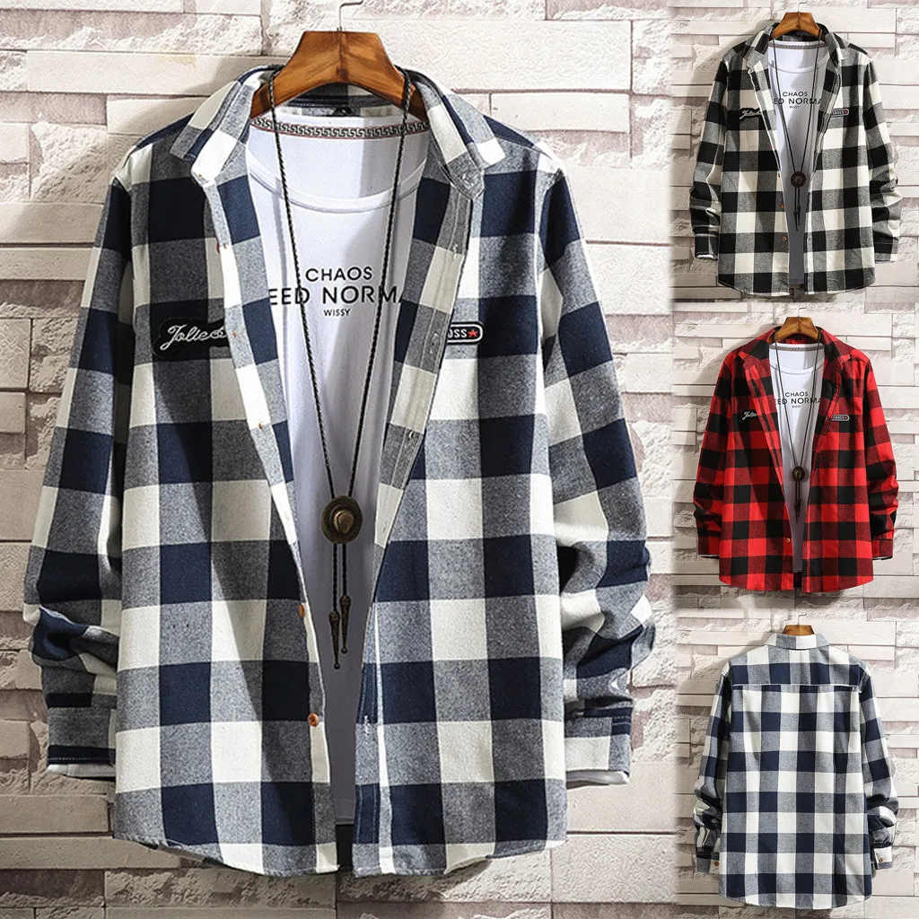 Мужские рубашки Повседневная модная деловая клетчатая рубашка с принтом