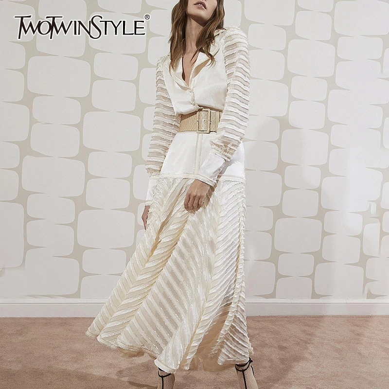 

TWOTWINSTYLE Bowknot Patchwork Dress For Women Notched Long Sleeve High Waist Lace Up Dresses Female Autumn Fashion New 2019