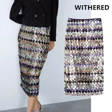 Увядшие в английском стиле винтажные прямые рождественские вечерние юбки миди с пайетками Женские юбки faldas mujer moda женские юбки