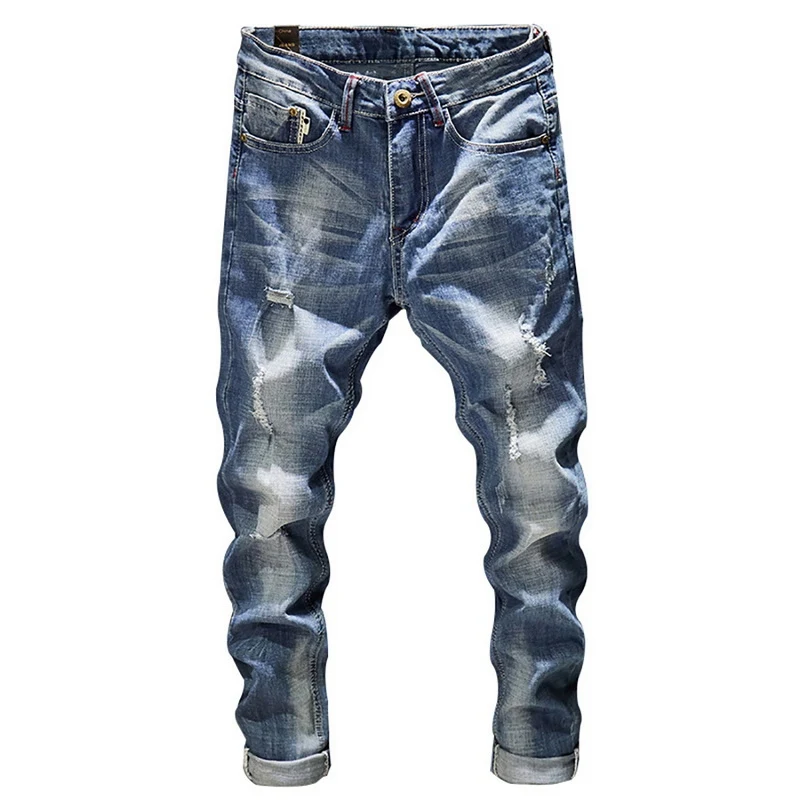 

Laamei Mens Jeans Holes Frayed Hiphop Ripped Light Blue Skinny Stretch Slim Streetwear Distressed Moto Biker Male Denim Pants