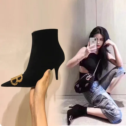 

2019 Autumn And Winter New Style Europe And America Pointed High Heels Gold BB Lettered WOMEN'S Ankle Boots Online Celebrity Sty
