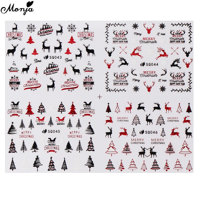 Monja 12 стилей/лист дизайн ногтей рождественские самоклеющиеся наклейки Снеговик Олень рождественское DIY Переводные Декоративные наклейки для маникюра