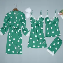 Новые зеленые женские пижамы из 4 предметов, топ с ремнем и штаны, комплект одежды для сна, Весенняя домашняя ночная рубашка соблазнительное кимоно Халат
