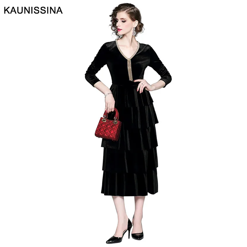 KAUNISSINA элегантное платье для торта, женское коктейльное платье, осенне-зимние многослойные плиссированные Длинные вечерние платья Vevelt Vestidos