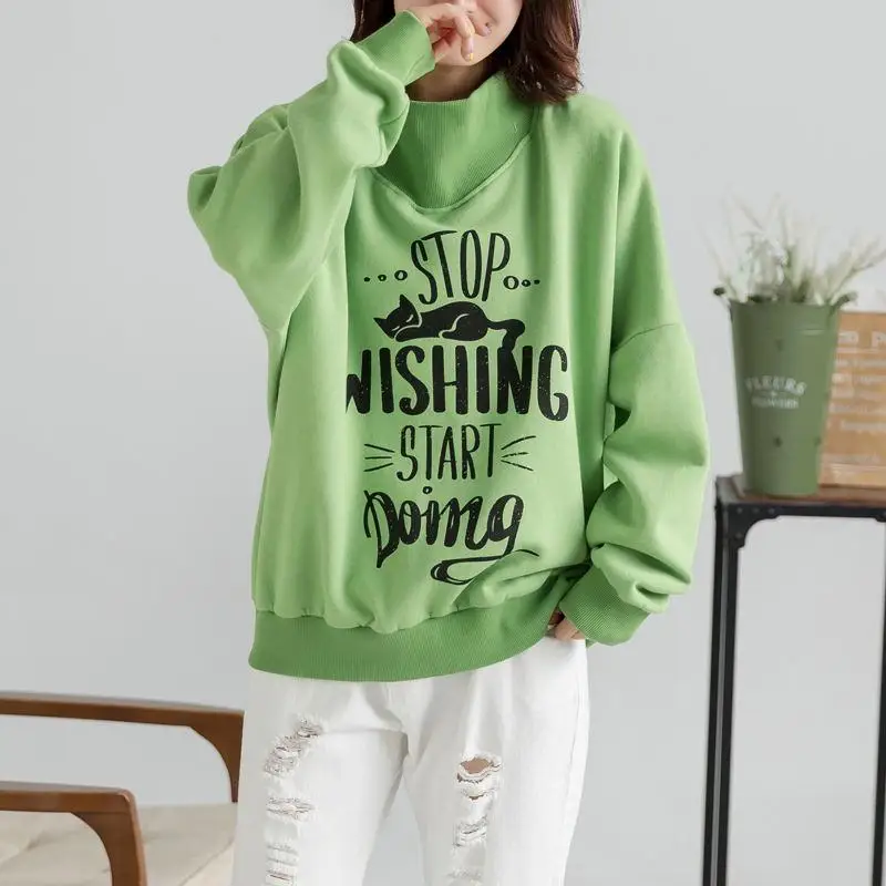 Green Sweatshirt Большие размеры, футболка с водолазкой, толстовки с капюшоном для женщин, осень, топы с рисунком кота, теплые толстовки с бархатом, Sudadera Mujer - Цвет: Green Sweatshirt