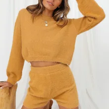 

Casual Suit Fashion Home Solid Color Long-sleeved Sweater + Simple Shorts Two-piece Women's Fashion Commuter Suit Sweatshirt