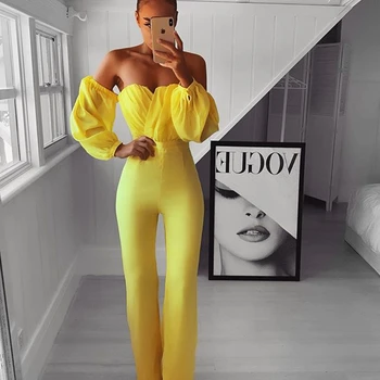 

2019 New Sexy Yellow Bandage Jumpsuit Mesh Off The Shoulder Slash Neck Fashion Backless Autumn Celebrity Party Jumpsuits
