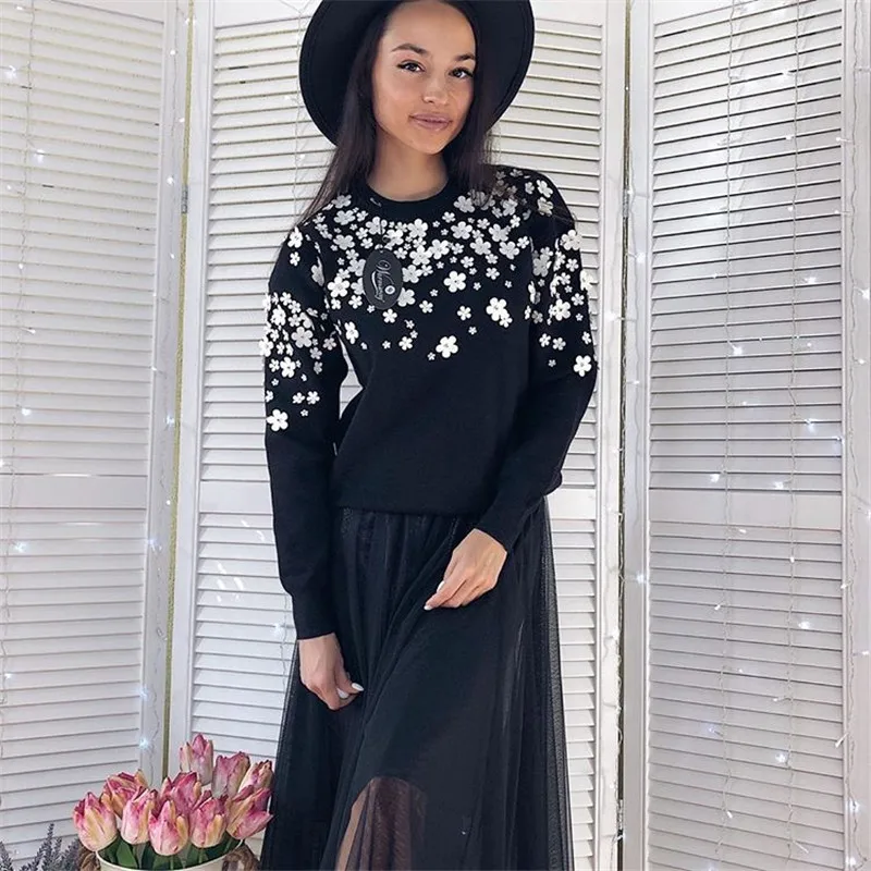 Online Frauen Mode Pullover weiß floral 3D perlen Schlank Herbst Winter Pullover Einfache Vintage Gestrickte Top Dünne blusas C 034