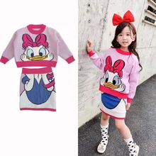 Рождественские наряды; комплект одежды для маленьких девочек; Зимний вязаный свитер; топ и юбка; осенняя одежда для подростков; костюм с вышивкой утки из мультфильма