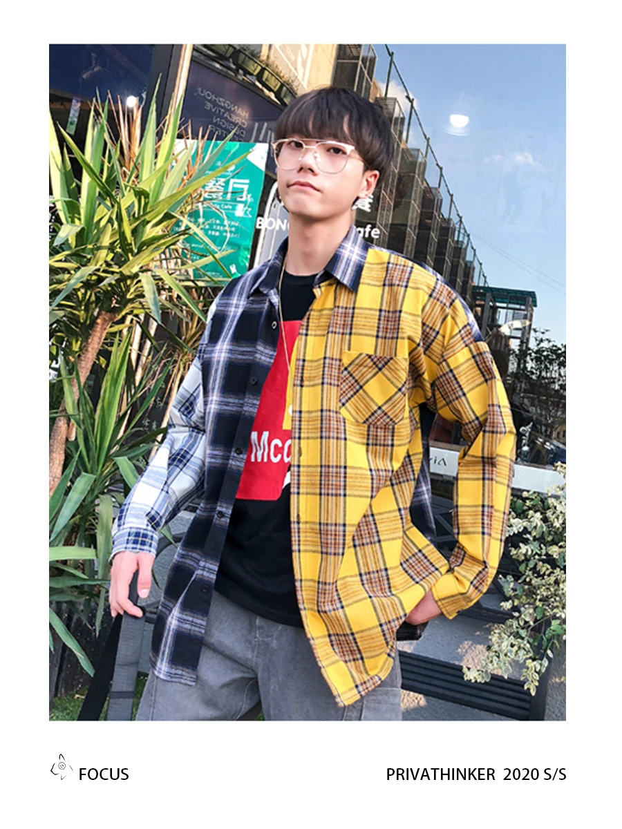 Korean Plaid Shirts For Men Fashion Patchwork Long Sleeve Casual Shirt Hip Hop Streetwear Man Blouse