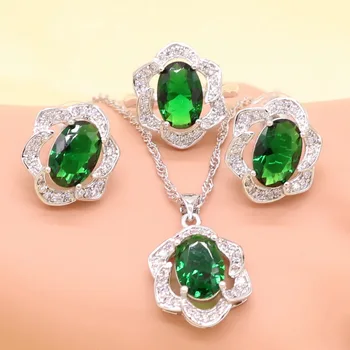 

Silver color Green Imitated Emerald Crystal White Zirconia Bridal Jewelry Sets For Women Necklace Pendant Earrings Rings