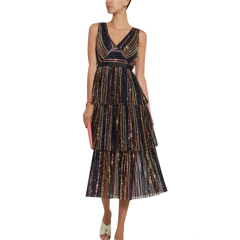 扣白.jpg TWOTWINSTYLE Patchwork Sequined Striped Party Dresses For Female V Neck Sleeveless High Waist Cascading Ruffle Womens Dress New