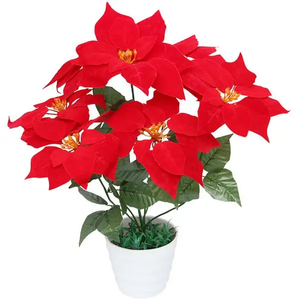7 Heads Real Touch Flannel Artificial Christmas Flowers Red Poinsettia Bushes 
