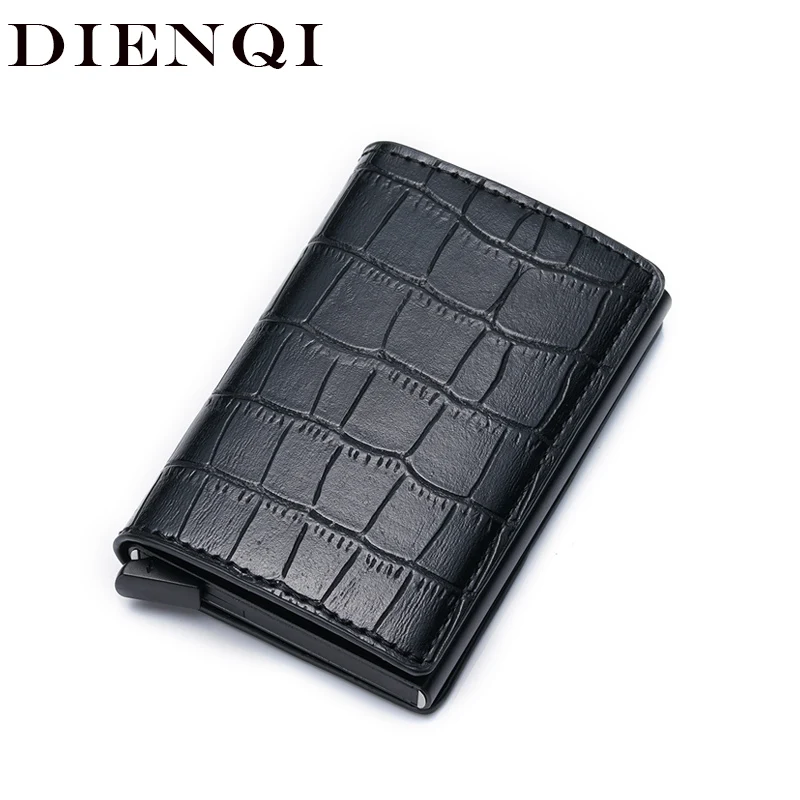 DIENQI, черные мужские кошельки, Ретро стиль, кожа, металл, Rfid, тонкий кошелек, мини кошелек, передний карман, кошелек, тонкий кошелек, двойной кошелек