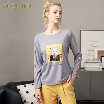 

Women Yellow Grey Fall Winter New Pajama Women Pure Cotton Korean Cartoon Cute Housewear Loose Long Sleeve Suit Women Loungewear
