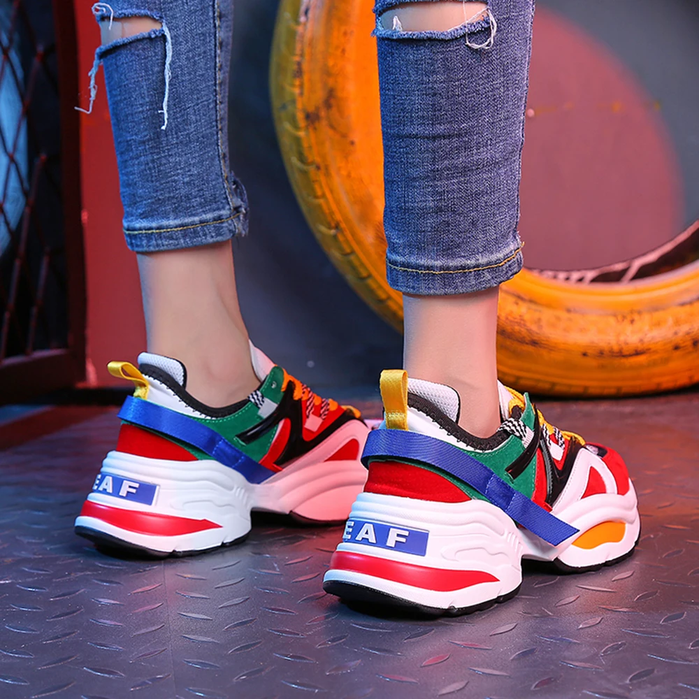 

New Trendy Women Thick Sole Ladies Platform Sneakers Shoes Web Celebrity Chunky Dad Sneakers Buty Damskie Black Women Shoes