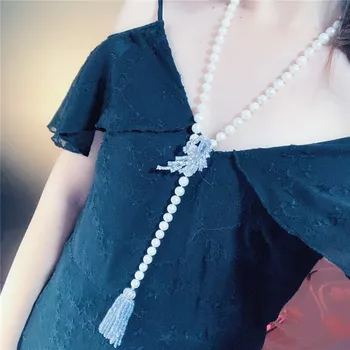 

Beautiful8-9mm white freshwater pearl micro inlay zircon phoenix buckle flower accessories tassel pendant necklace long 90cm