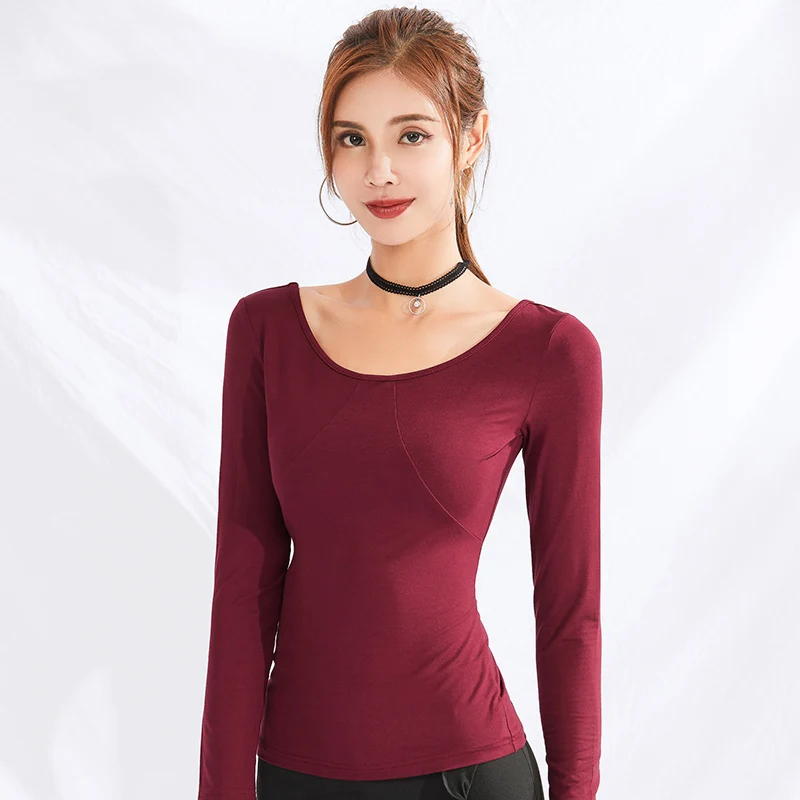 Wine red Одежда для латинских танцев; женская одежда высокого качества; Модальные топы; одежда для тренировок; современный танцевальный костюм с длинными рукавами; рубашка; DWY2298 - Цвет: Wine red