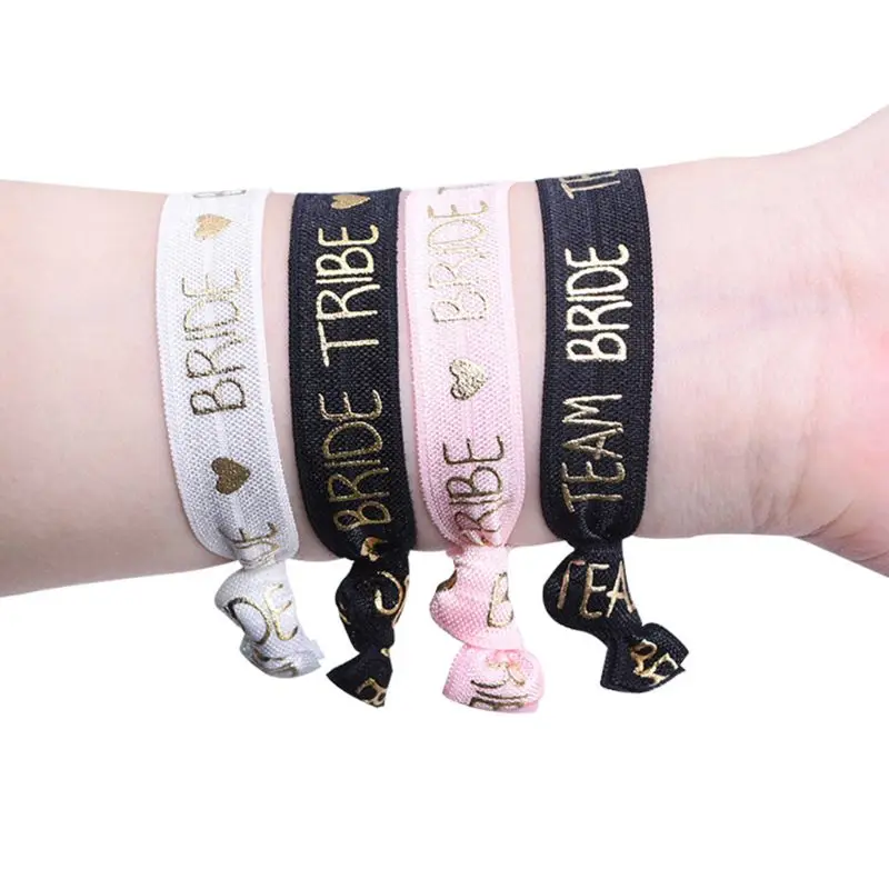 

10Pcs Team Bride Hand Band Bachelorette Wedding Party Hair Ties Rope Golden Letters Elastic Knotted Bracelet Wristband Decor
