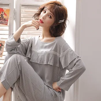 

Sweet Gray Homewear Nightwear 2pcs Sleep Set Striped Long Sleeve Spring New Intimate Lingerie Pajamas Suit Casual Nightwear