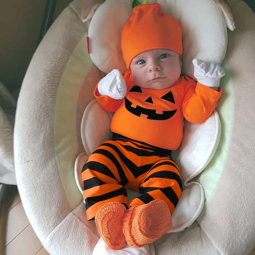 Newborn Baby Boys Halloween Clothes Long Sleeve Pumpkin Blouse+Striped Pants | Детская одежда и обувь
