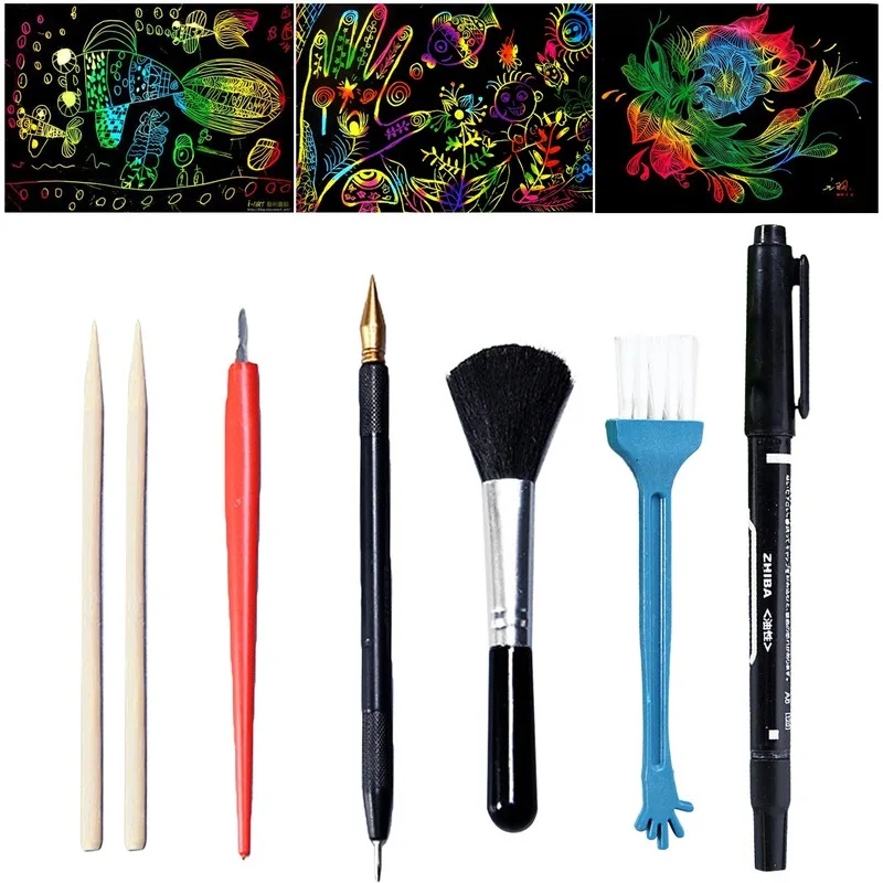 

7PCS Magic Scratch Scraping Painting Tools Bamboo Sticks Scraper Repair Scratch Pen Black Brush DIY Painting Coloring Toy