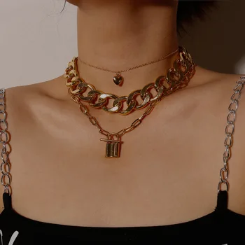 

Europe and America Ornament Simple Heart Shape Chunky Chain Punk Necklace Multilayer OT Clip Lock Set Necklace