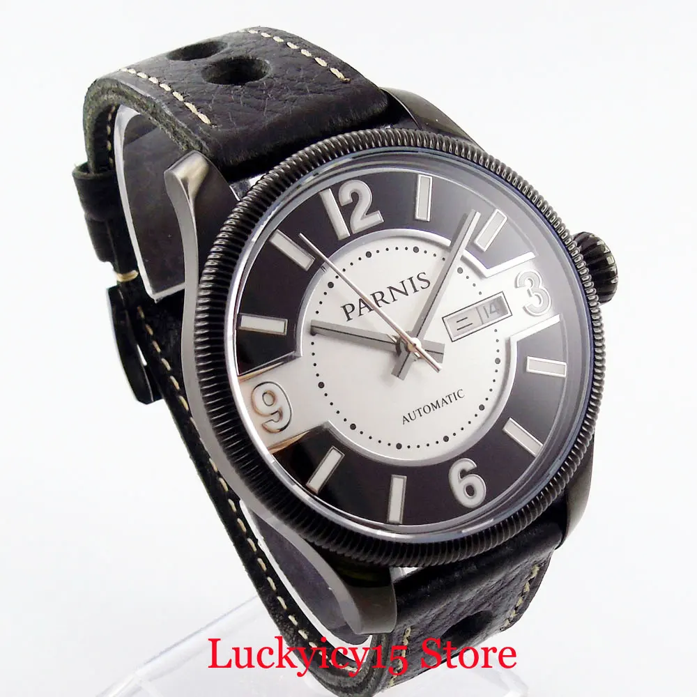 

PARNIS Brand PVD 42mm Men's Watch Week Auto Date Window Self Winding Movement Leather Strap