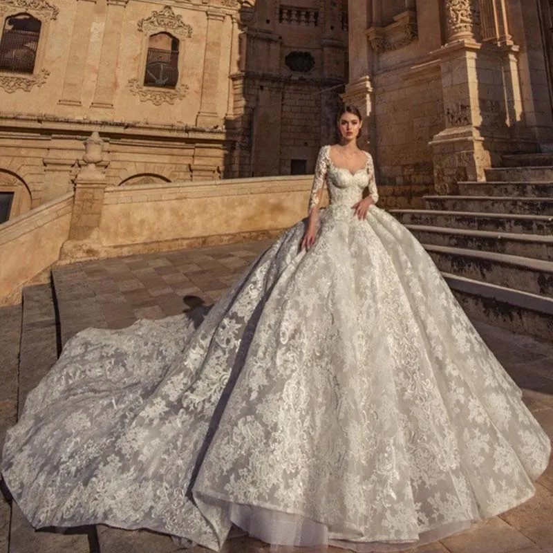 Vestido De Novia винтажное роскошное кружевное бальное платье, свадебное платье, сексуальное свадебное платье невесты с квадратным воротником и длинными рукавами