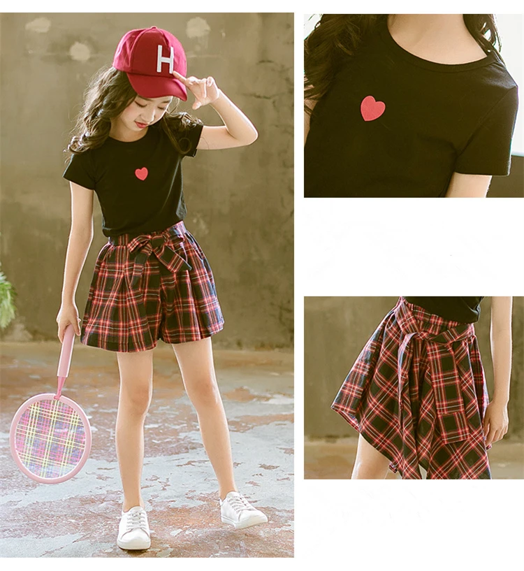 Fashion Teenage Clothes For Girls Clothing 2019 Summer Soft Cotton Tshirt Plaid Skirt Shorts Kids Outfits Suit 2Pcs Children Set (8)