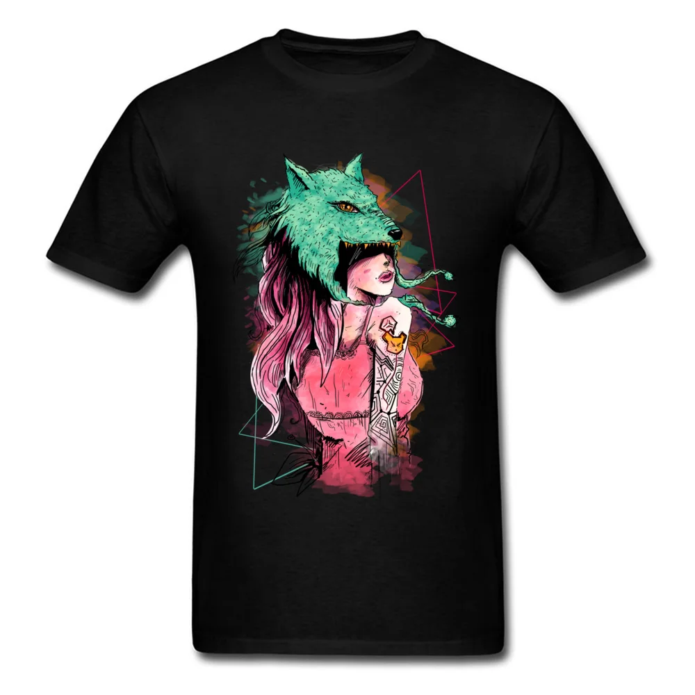 Retro Cartoon Wolf Tee Shirt 2018 Fashion Watercolor Paint Custom Men's Top T-shirt Short Sleeve Funky Black XXXL |
