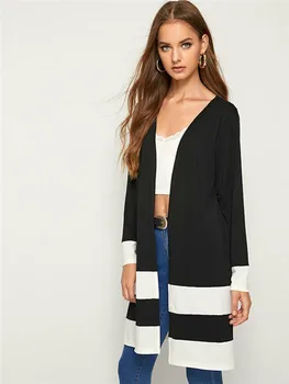 

2019 Ladies Long Style Black White Patchwork Pattern Cardigan Outwear Women Office Business Casual Long Sleeve Coat