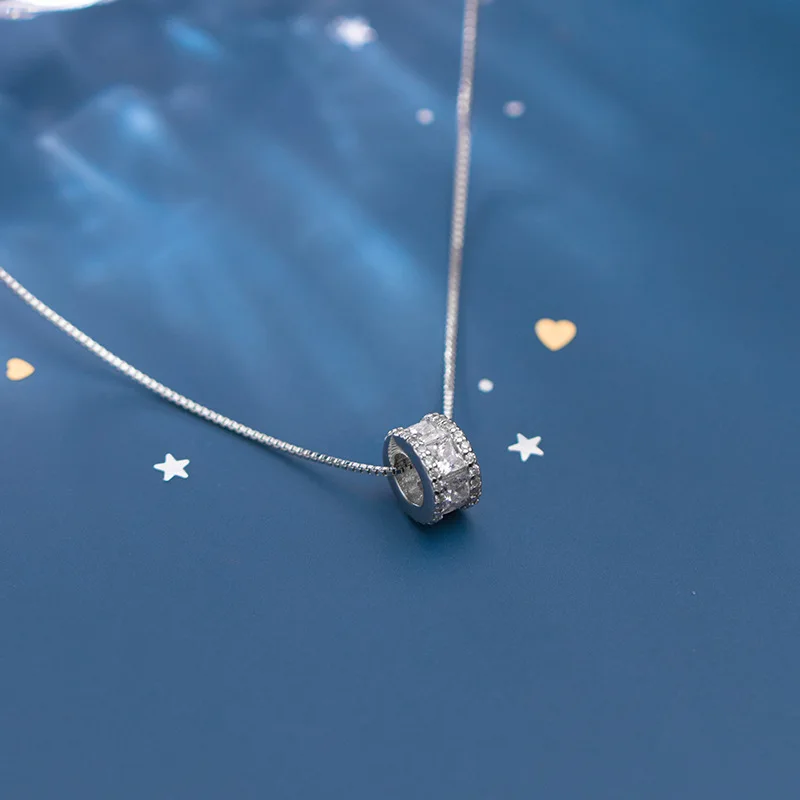 

INALIS S925 silver necklace female Korean fashion box chain ring diamond fashion personality clavicle chain