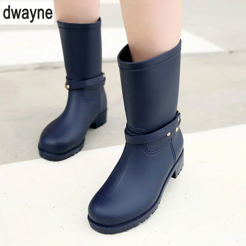 2018 Hot Sale New Design Rain Boots Waterproof Flat Shoes Woman Water Rubber Mid Calf Elastic Band Botas |