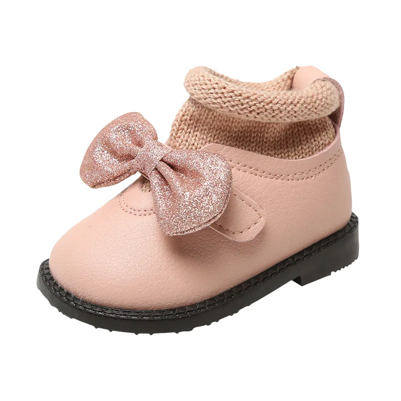 Ботинки из микрофибры для девочек; модные носки с бантом для малышей; зимняя обувь на молнии для малышей; обувь для малышей; Новинка; высокое качество