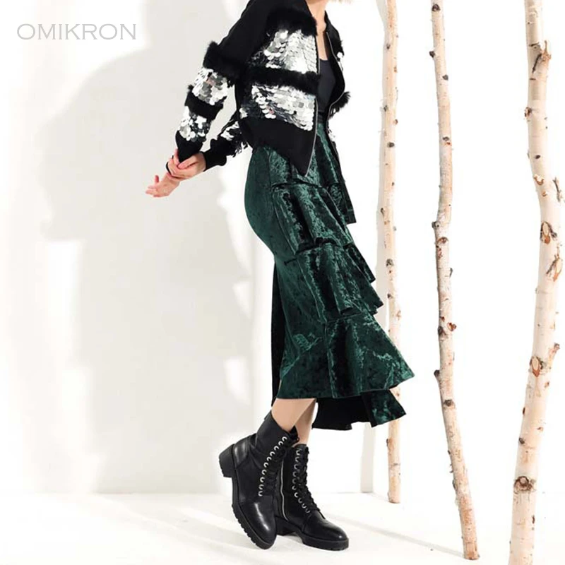 OMIKRON New Fashion Elegant Ruffle Irregular Maxi Velvet Skirt Autumn Women Boho High Waist Pleated Long Skirt Saias Longas