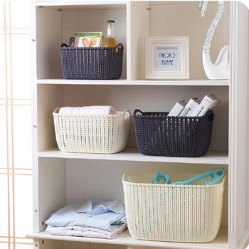 

1PC Multifunctional Storage Basket Lmitated Rattan Desktop Box Case Plastic Decoration Organizer With Handle Creative