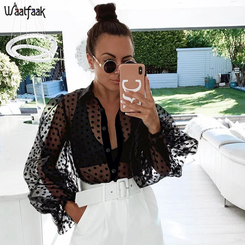 

Waatfaak Polka Dot Loose Elegant Shirt Female Button Long Sleeve T Shirt Women Black Transparent Vintage Turn-down Collar Tshirt
