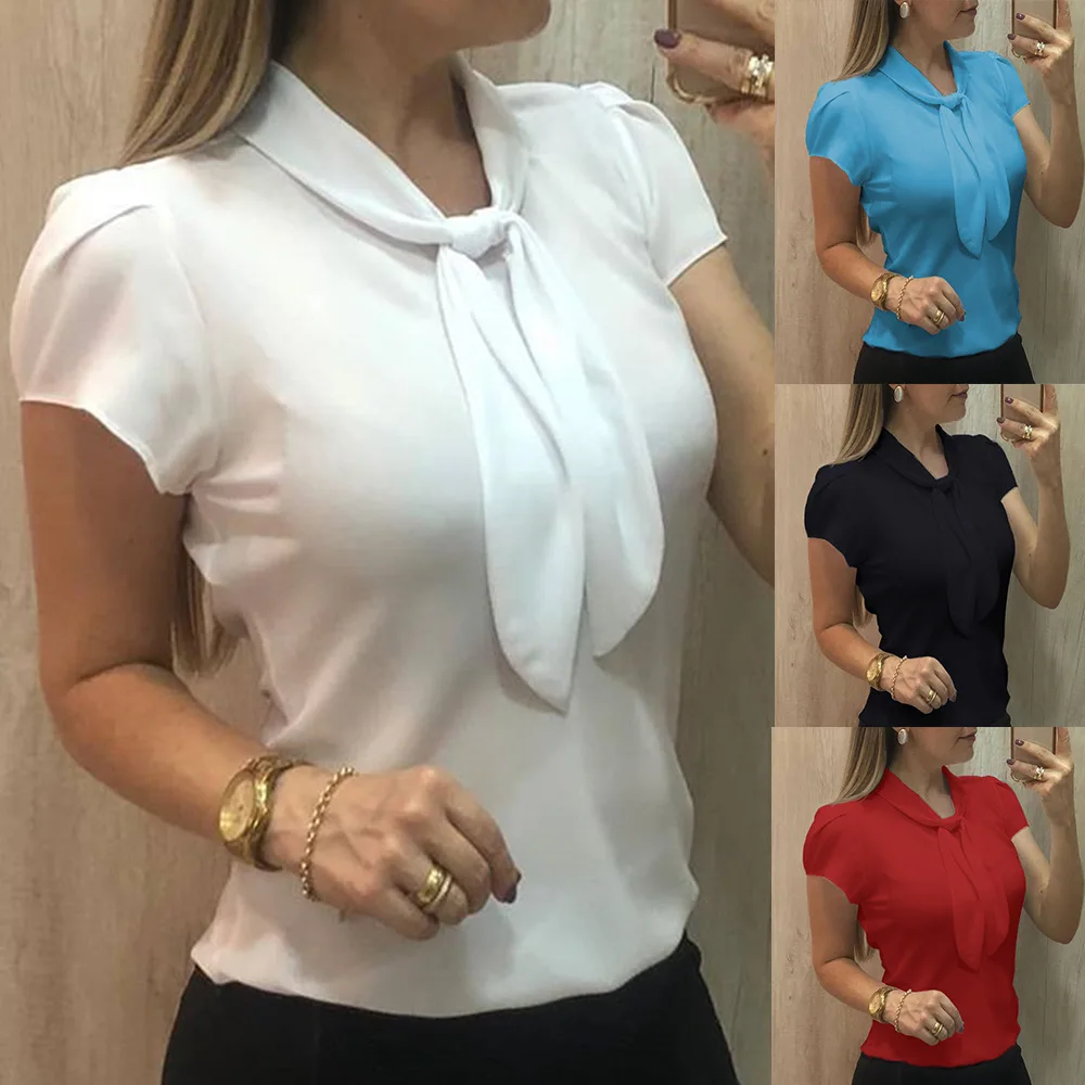 

Autmun Short Sleeve Shirt Women Fashion Womens Tops and Blouses 2019 Solid Bow Stand Collar Office Blouses Women Blusas