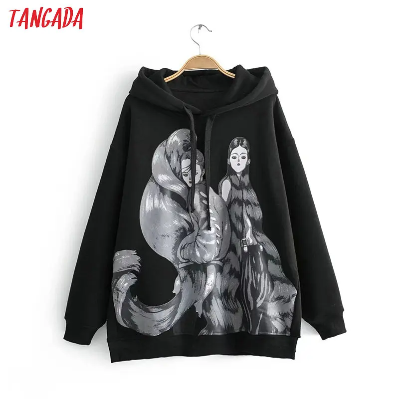 Tangada, Женские флисовые толстовки с мультяшным принтом, большие размеры, длинный рукав, свободный капюшон, пуловеры, повседневные женские топы 2R04