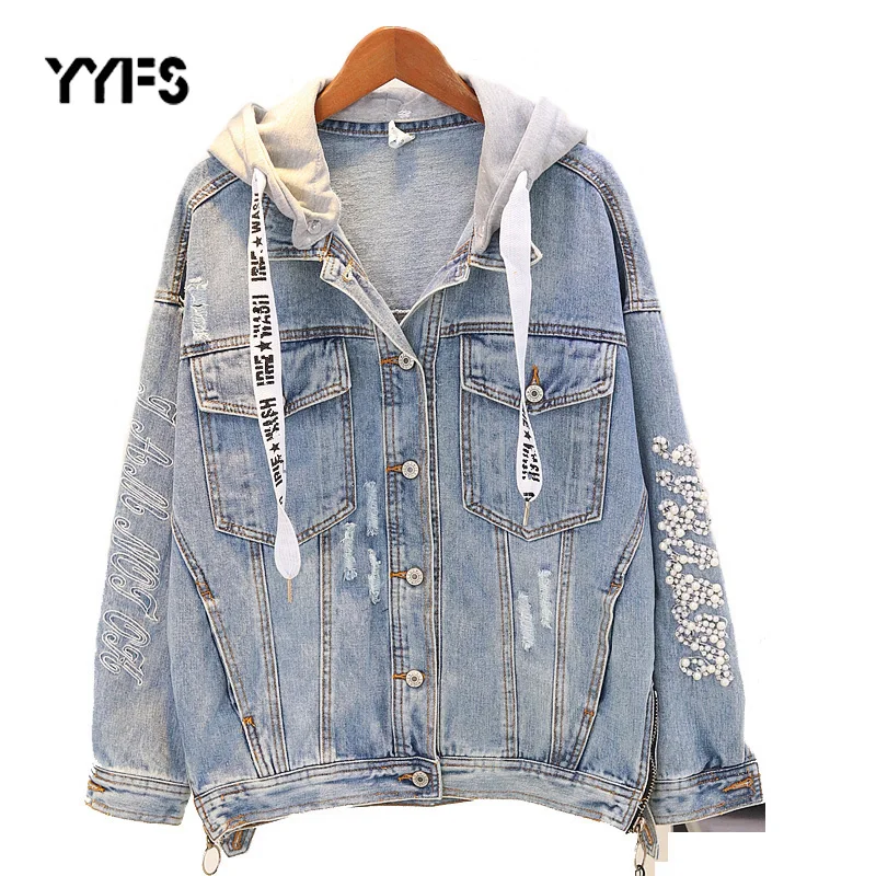 

Embroidery beading Hood Denim Jacket 2019 Spring Autumn Winter Female Jean Coat plus size 5XL Vintage Streetwear Coats chaqueta