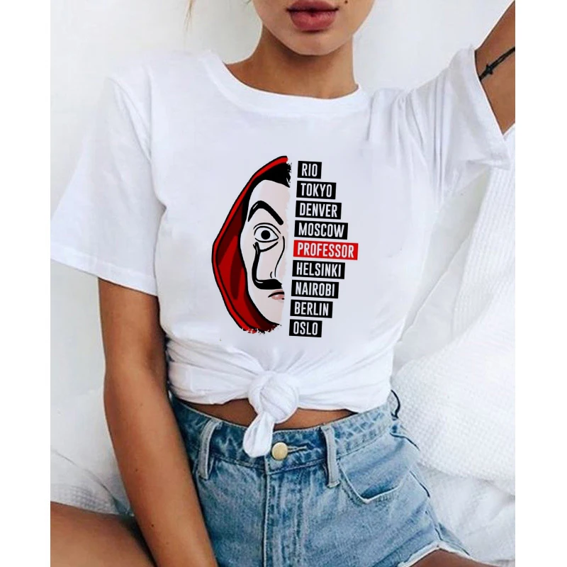 LUSLOS Готическая женская футболка с принтом «Ла Каса де papel» Повседневные белые футболки Harajuku плюс Размер Женская одежда camiseta mujer