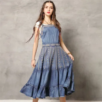 

Women's Denim Dress 2020 Summer Woman Dress Slash Neck Sleeveless Embroidery Ruffles Hem Dresses Vintage Vestidos