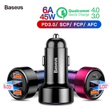 Baseus 45 Вт автомобильное зарядное устройство для iPhone samsung huawei Dual usb type C, зарядное устройство для мобильного телефона, металлическая автомобильная зарядка QC3.0 4,0, быстрая зарядка