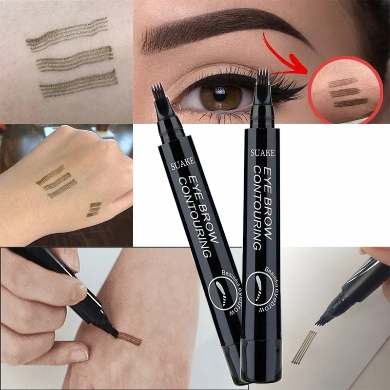 Hot 4 Colors 3D Microblading Eyebrow Tattoo Pen 4 Fork Tips Fine Sketch Liquid Eyebrow Pencil 3