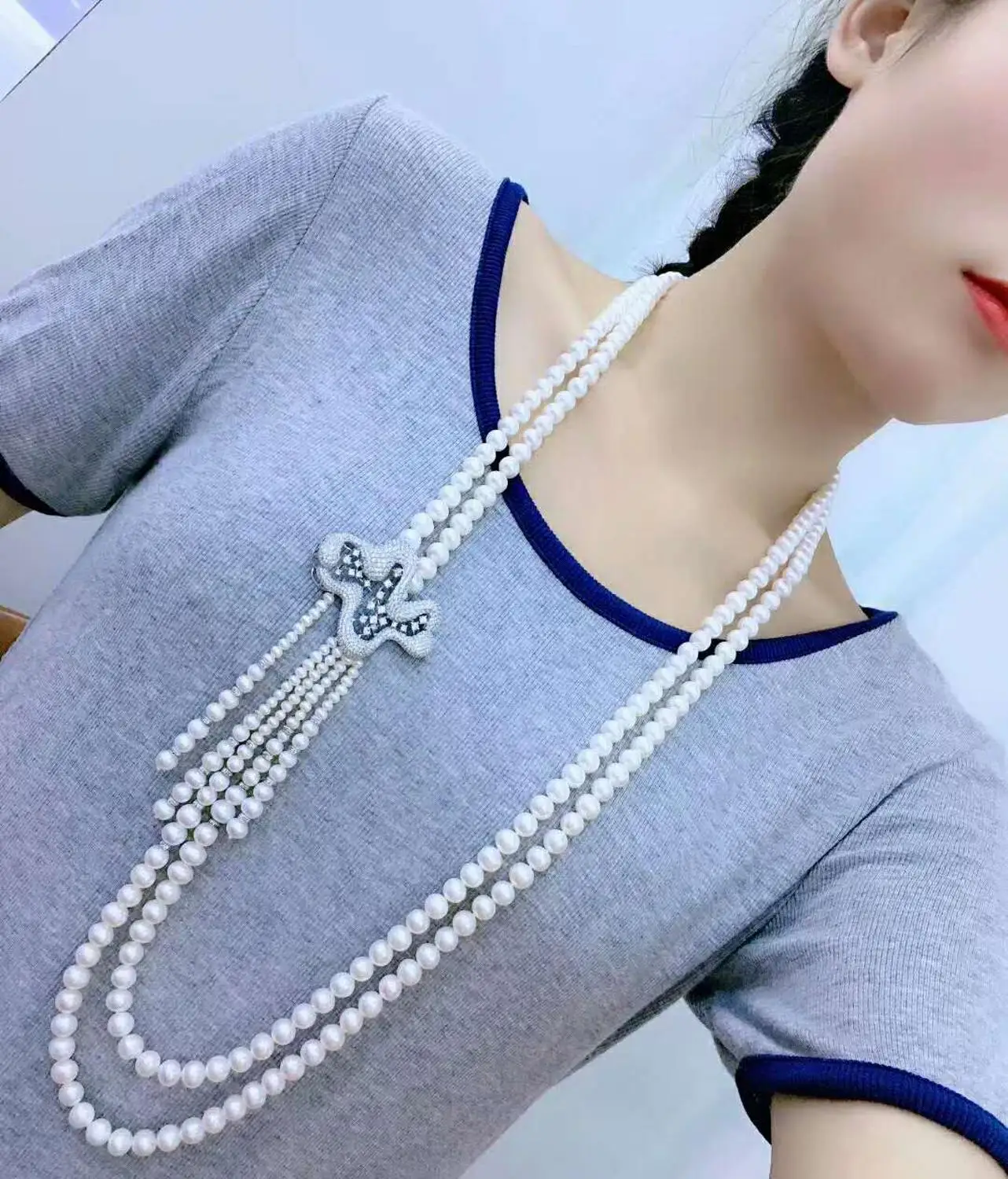 

Hand knotted 95-100cm noble 2strands 7-8mm white freshwater pearl micro inlay zircon accessories pearl pendant necklace