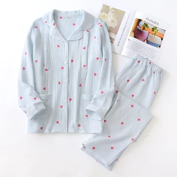 

New Style Cotton Women's Two-piece Pajamas Summer Crepe Simple Fashion Love Loose Pregnant Women's Home Service Nursing Clothes