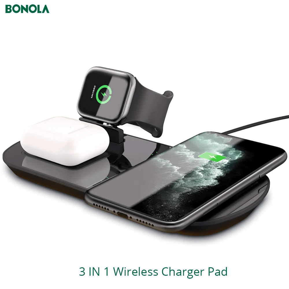 Bonola 3 in 1 Wireless Charger Pad for iPhone 12 11 8 Plus XR Fast Charging Station for Apple iWatch SE/Airpods Pro Charge Dock