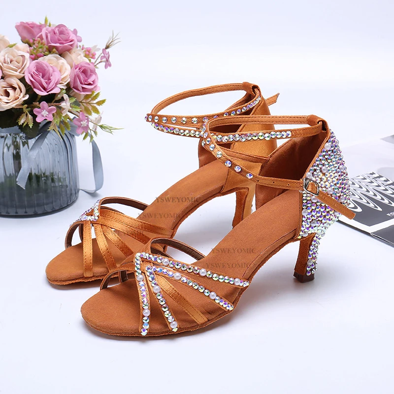 Latin Dance Shoes Women Salsa Dancing Shoes Ballroom Shoes Flare Heel Comfortable Salsa Shoes Diamond Pearls Sandals